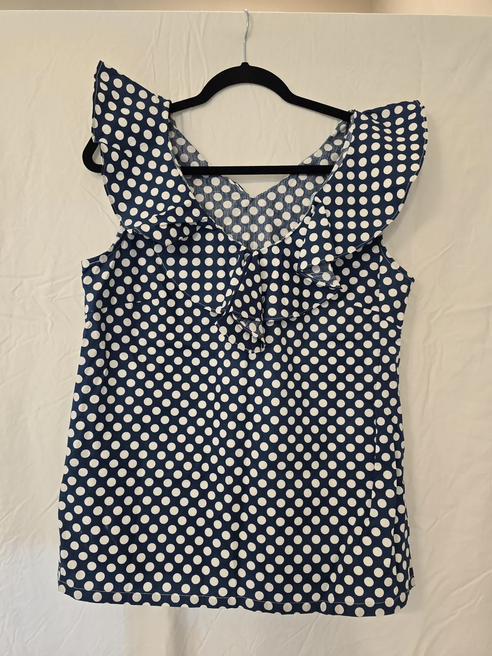 Navy Polka Dot Ruffle V-Neck Tank